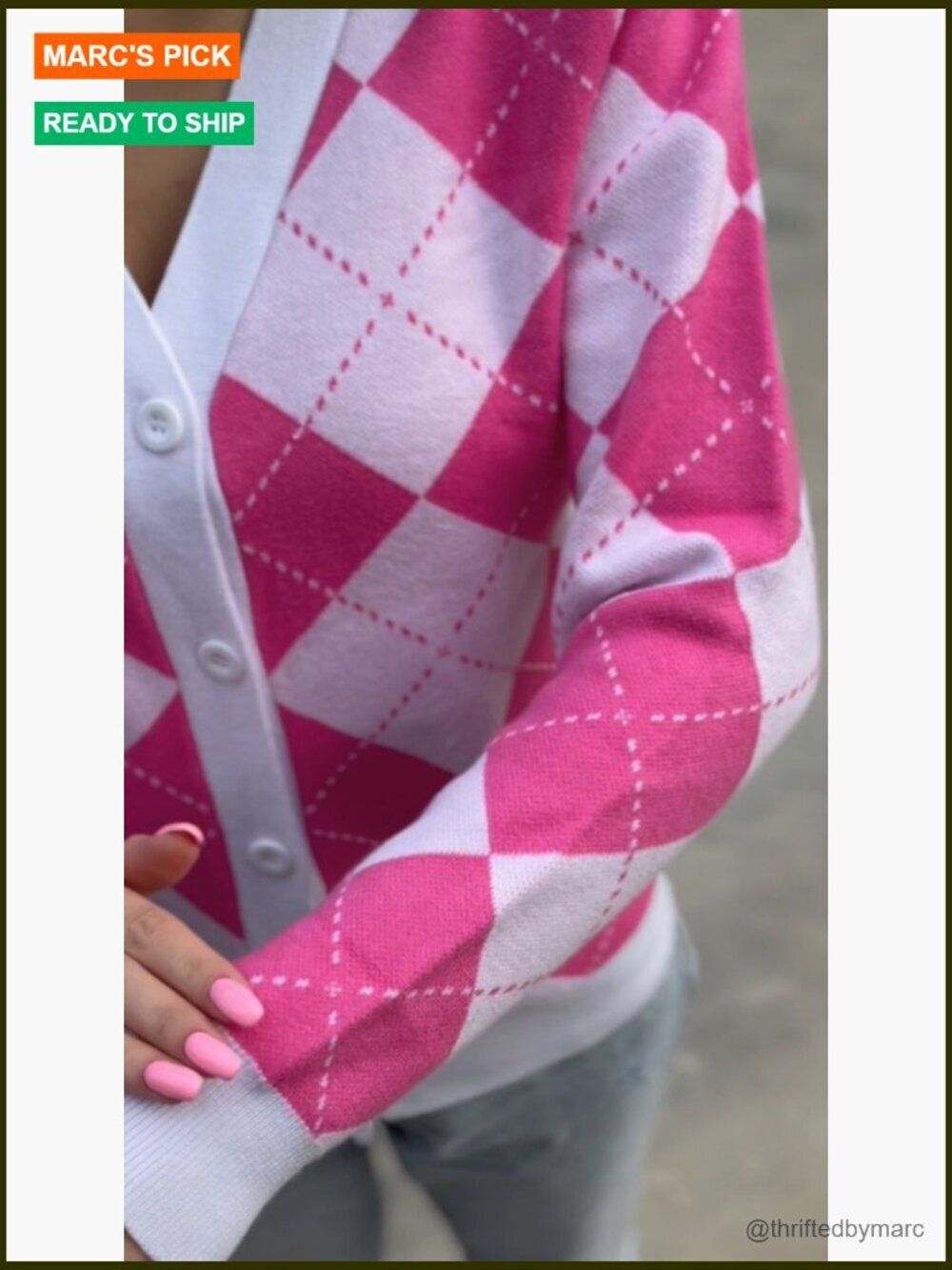 Long Sleeve Argyle V-Neck Button Up Cardigan Sweater Preppy - Picture 7 of 7